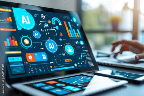 High Tech AI Dashboard in Modern Office, Advanced Artificial Intelligence Interface, Futuristic Digital Innovations, Professional Technology Elements, Blue and Black Colors.