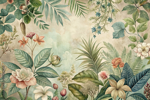 vintage background with old-fashioned botanical illustrations in muted tones