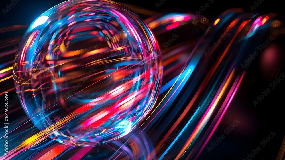 Luminous Rotating Sphere Emitting Vibrant Light Streaks in Motion Blur Against Black Background Luminous Rotating Sphere Emitting Vibrant Light Streaks in Motion Blur Against Black Background