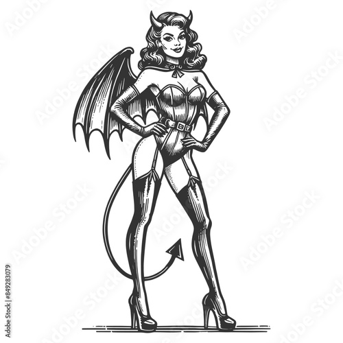 fantasy devil woman in two poses sketch engraving generative ai fictional character vector illustration. Scratch board imitation. Black and white image.