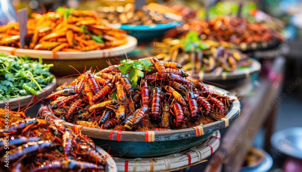 Fototapeta premium Colorful street market display of fried insects in bowls, showcasing exotic and unique cuisine options from around the world.