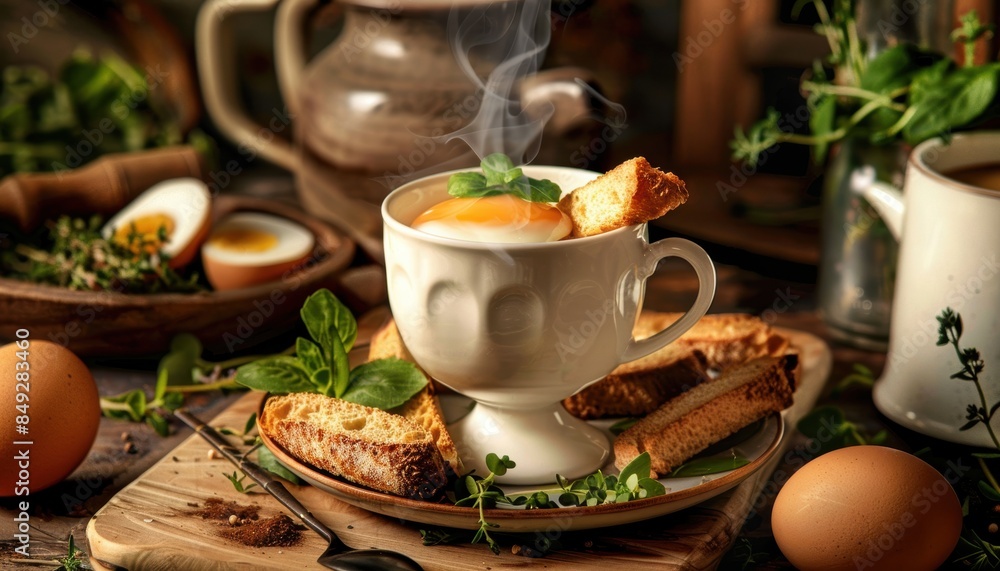 Cozy breakfast scene with steaming soft-boiled egg in a cup, toast, and herbs on a rustic wooden table, evoking a warm and homely atmosphere. Cozy breakfast scene with steaming soft-boiled egg in a cup, toast, and herbs on a rustic wooden table, evoking a warm and homely atmosphere.