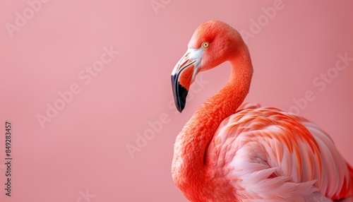 A cute Flamingo sitting on a solid pastel background with space above for text © Pornnapha