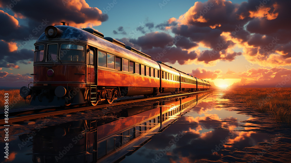 Train on the railroad, Sunrise background Train on the railroad, Sunrise background