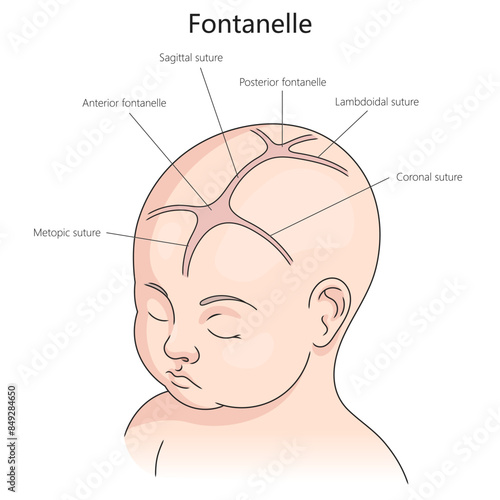 fontanelle and sutures in an infant's skull, including anterior and posterior fontanelles, sagittal, coronal, lambdoidal sutures diagram hand drawn vector illustration. Medical science illustration photo