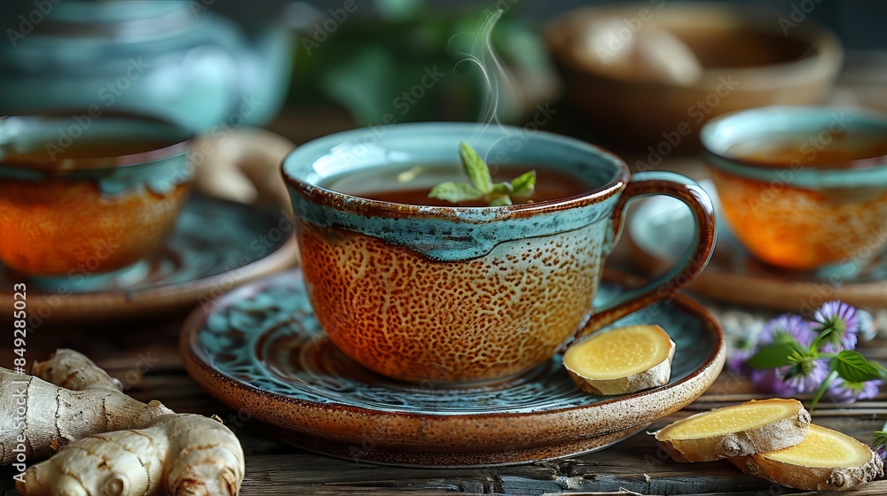 Teapot and cup of tea with ginger Teapot and cup of tea with ginger