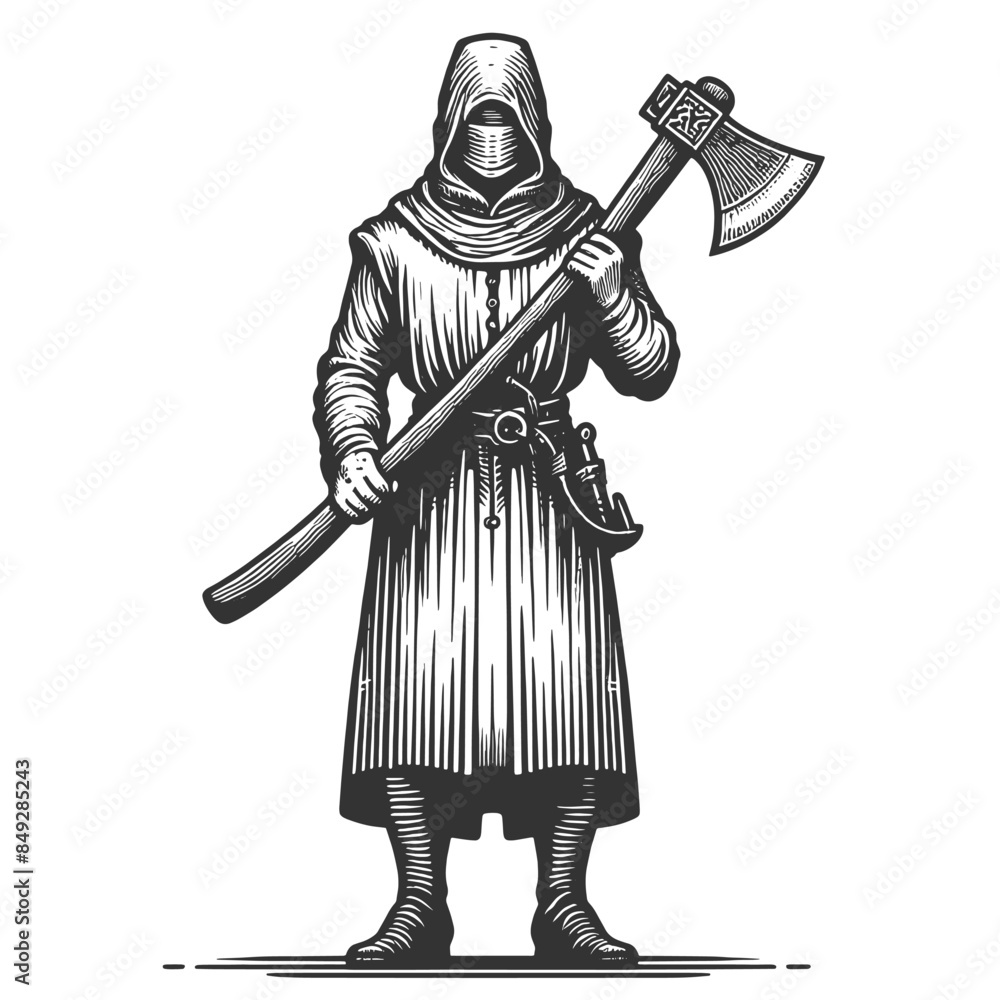 Fototapeta premium Grim Reaper executioner with Axe sketch engraving generative ai fictional character vector illustration. Scratch board imitation. Black and white image.