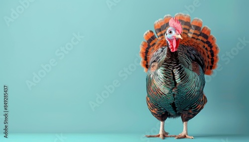A cute turkey sitting on a solid pastel background with space above for text