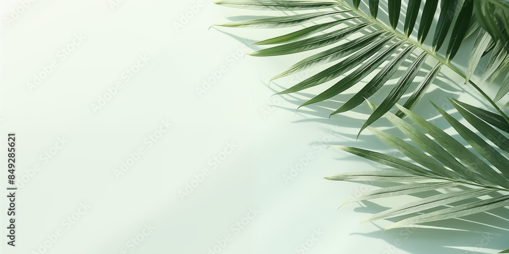 Fototapeta premium Elegant Summer Background with Palm Leaves and Shadows on Light Green Pastel Gradient, Perfect for Minimalistic Product Displays and Text Features