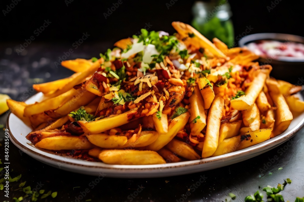 A plate of fried potatoes sprinkled with spices A plate of fried potatoes sprinkled with spices
