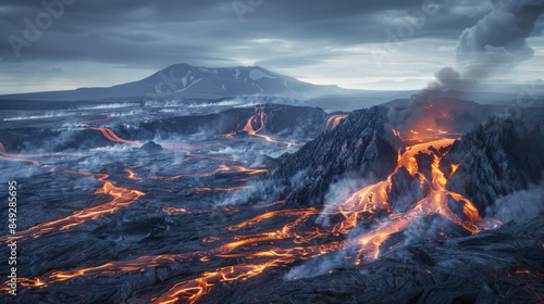 Dramatic volcanic eruption with bright lava flows, emitting smoke and ash under a cloudy sky, showcasing raw natural power.