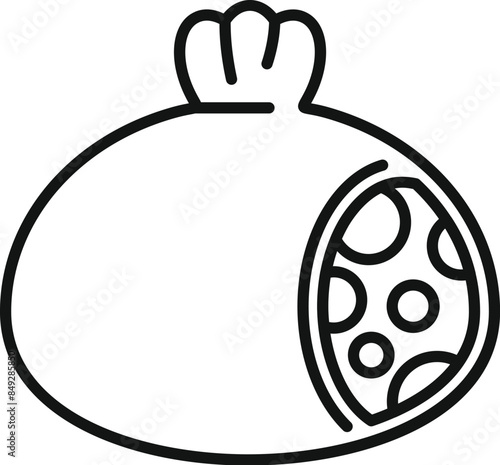 Thin line icon of a khinkali, a georgian dumpling, with meat filling showing through the dough
