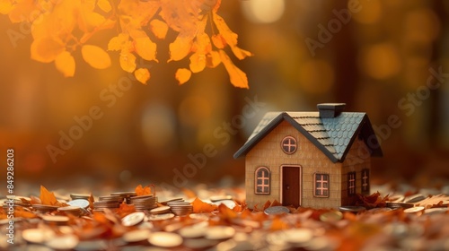 A miniature house on a stack of coins with leaves. Concept of interest free home loans, real estate consultancy services, estate project planning, Affordable Housing. Generative AI
