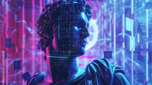 Futuristic digital art featuring a classical statue head with vibrant neon colors and modern technological elements, blending history and innovation.