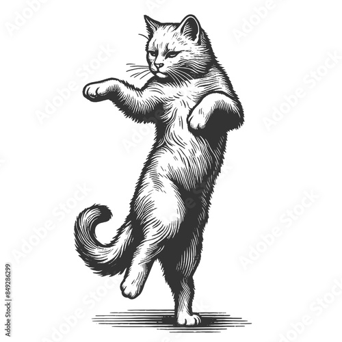 joyfully dancing cat dressed in a dapper suit and bow tie, sketch engraving generative ai fictional character vector illustration. Scratch board imitation. Black and white image.