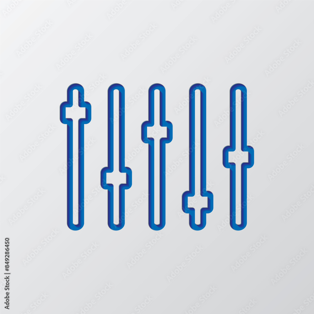 Equalizer slider simple icon. Flat design. Paper cut design. Cutted blue symbol with shadow. Gray background Equalizer slider simple icon. Flat design. Paper cut design. Cutted blue symbol with shadow. Gray background