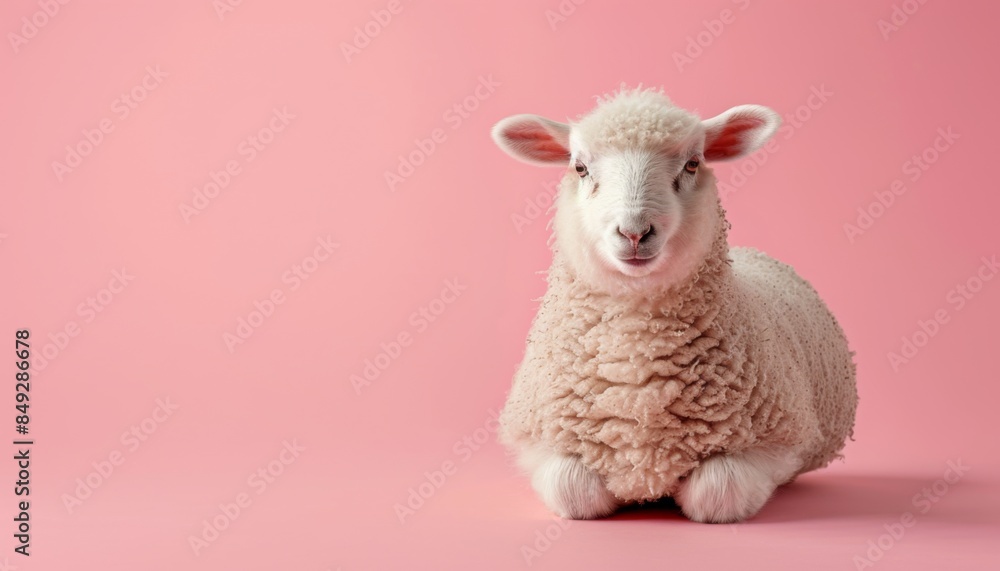 Obraz premium A cute sheep sitting on a solid pastel background with space above for text
