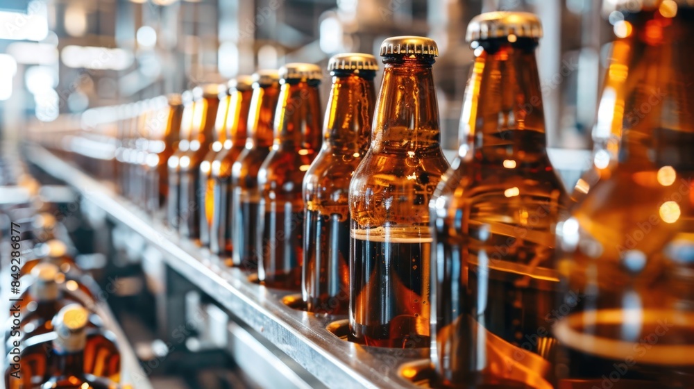 Beer bottles on a conveyor belt in a production line at a craft brewery. Beer bottles on a conveyor belt in a production line at a craft brewery.