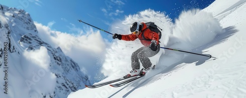 Skier in red jacket navigating down a snowy mountain slope on a sunny day, creating a spray of snow behind, with a blue sky in the background.