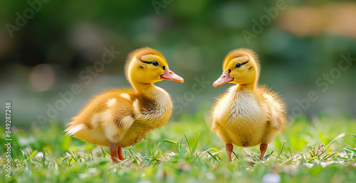 Pair of young yellow ducklings on green grass.
