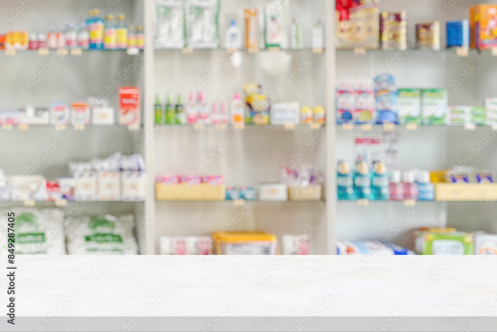 custom made wallpaper toronto digitalEmpty white marble counter top with blur pharmacy drugstore shelves background