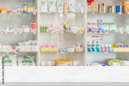 Wallpaper Mural Empty white marble counter top with blur pharmacy drugstore shelves background Torontodigital.ca