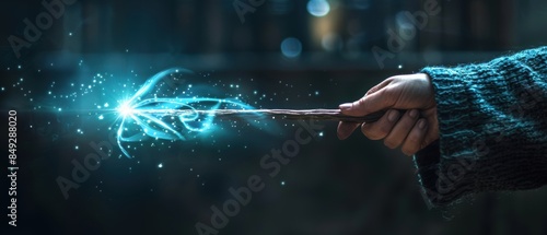 Magical wizard holding sparkly wand emitting blue glowing energy, casting spell in dimly lit room, fantasy magic close-up.
