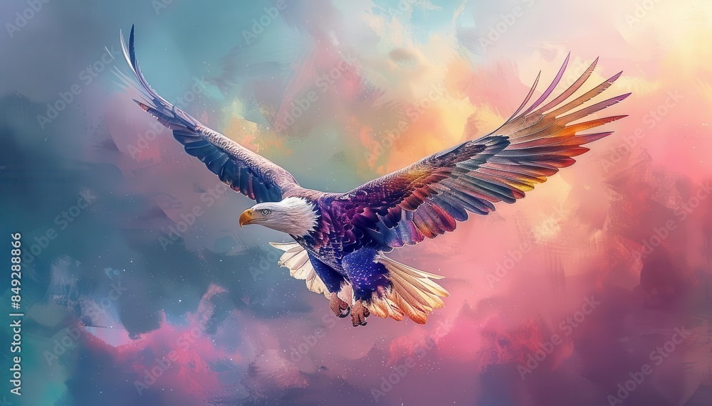 Obraz premium Majestic eagle soaring through vibrant, colorful sky. Symbol of freedom and strength in stunning digital art.