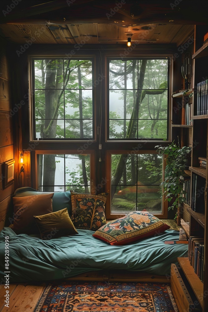 A bed in a room with a window and books. A bed in a room with a window and books.