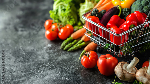 Fresh assorted vegetables in a shopping basket on a dark rustic background including tomatoes, peppers, asparagus, and mushrooms.