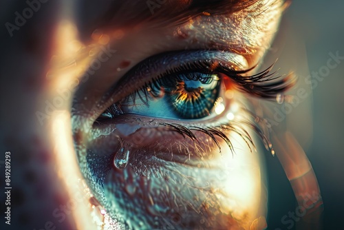 Close-up of a Person's Eye with a Tear: An emotive close-up of a person's eye
