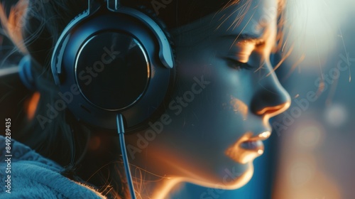 Serene woman listens to music with closed eyes, wearing large headphones. Reflective mood and peaceful ambiance with soft lighting.