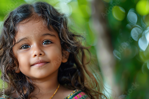 Indian Little Girl isolated on a Green Background Child Smiling Happy Traditional Dress Cultural Portrait Studio Photography Joyful Innocent Youthful Bright Cheerful © Magnimage