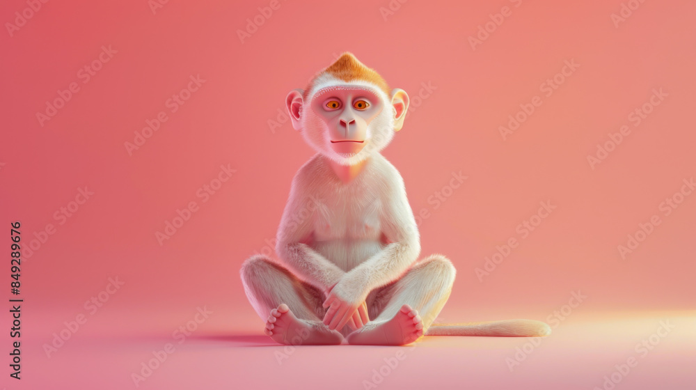 Digital illustration of a playful white monkey sitting cross-legged on a soft pink background. Digital illustration of a playful white monkey sitting cross-legged on a soft pink background.
