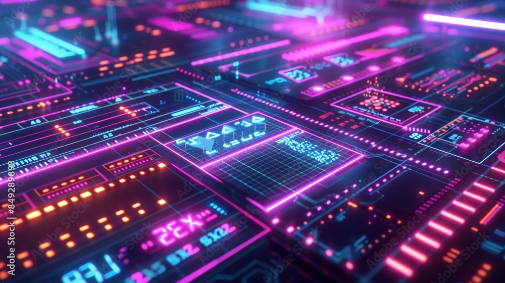 Obraz premium A cyberpunk-inspired abstract data visualization background with neon grids and digital readouts, 