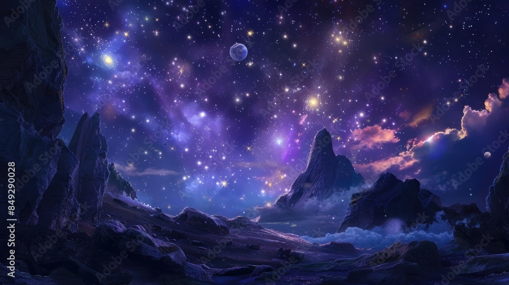 Fototapeta premium Stunning starry night sky with mountains and planets in a cosmic landscape. A captivating fantasy scene showcasing celestial beauty.