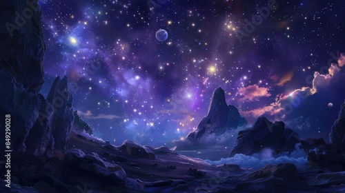 Wallpaper Mural Stunning starry night sky with mountains and planets in a cosmic landscape. A captivating fantasy scene showcasing celestial beauty. Torontodigital.ca