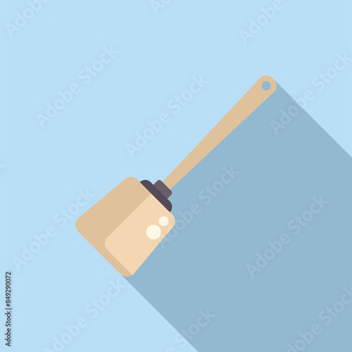 Toilet plunger with wooden handle on blue background, creating pressure while unclogging pipe