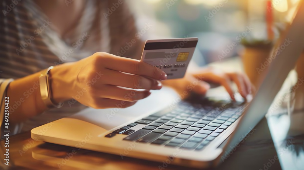 Person using a laptop and holding a credit card while shopping online. Represents e-commerce and digital payment methods. Person using a laptop and holding a credit card while shopping online. Represents e-commerce and digital payment methods.
