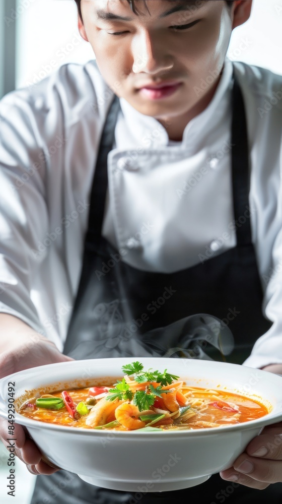 A male restaurant employee is serving Tom Yum Goong soup. A male restaurant employee is serving Tom Yum Goong soup.