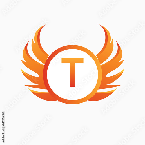 Letter T with Wing Logo. flame or fire gradient color logo.