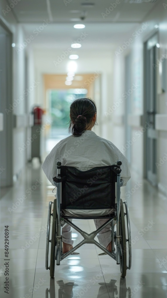 A patient with severe abdominal pain sits on a wheelchair in the hospital waiting to be seen by a doctor. A patient with severe abdominal pain sits on a wheelchair in the hospital waiting to be seen by a doctor.