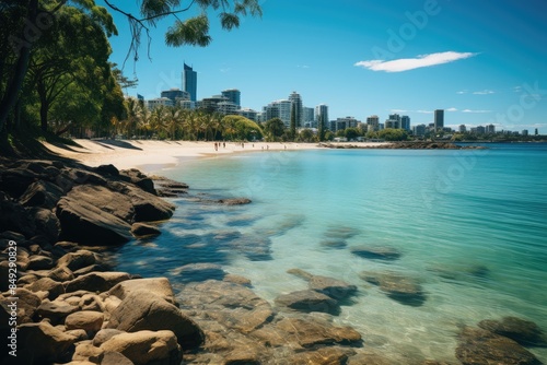 Surfers in Coolangatta Paradise of gold waves in Australia., generative IA photo