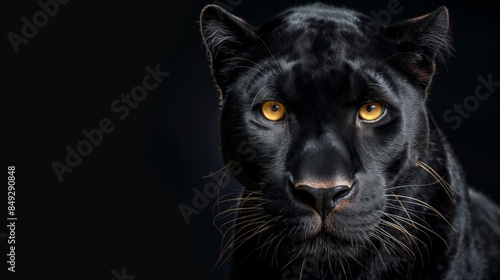 Black Panther Profile with Intense Yellow Eyes. Close-Up of Black Panther on Dark Background