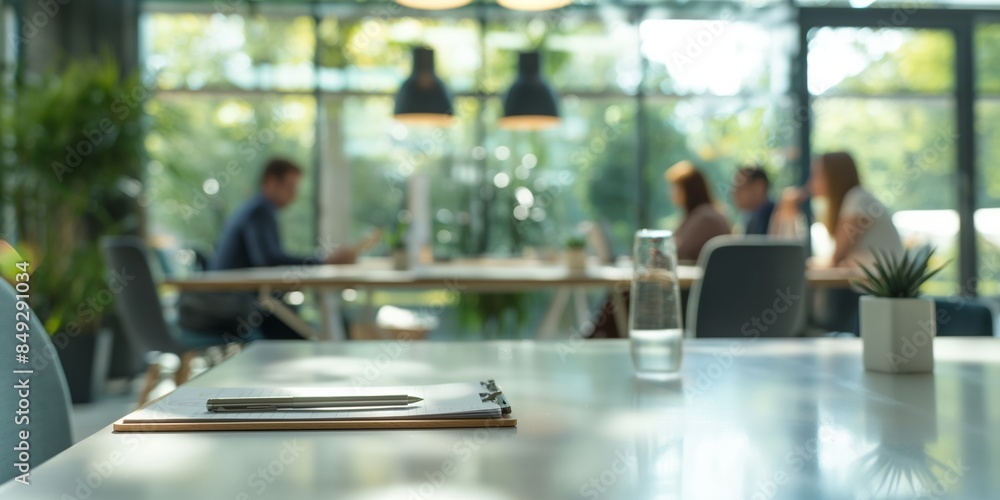 Modern Office Workspace with Meeting in Background. Conference Room Scene with Documents and Glass on Table Modern Office Workspace with Meeting in Background. Conference Room Scene with Documents and Glass on Table