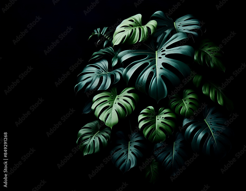 Tropical jungle plants Monstera Borsigiana palm leaves pattern textured green leaves dark background Tropical jungle plants Monstera Borsigiana palm leaves pattern textured green leaves dark background