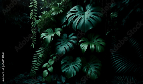 Tropical jungle plants Monstera Borsigiana palm leaves pattern textured green leaves dark background