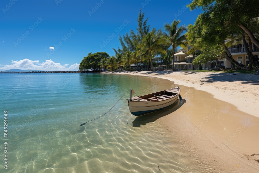 Serena beach in Grand Baie, radiant sun., generative IA Serena beach in Grand Baie, radiant sun., generative IA