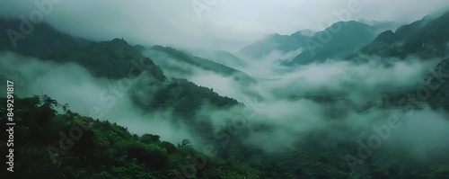 misty mountains rise above a lush green forest, with a lone tree standing tall in the foreground