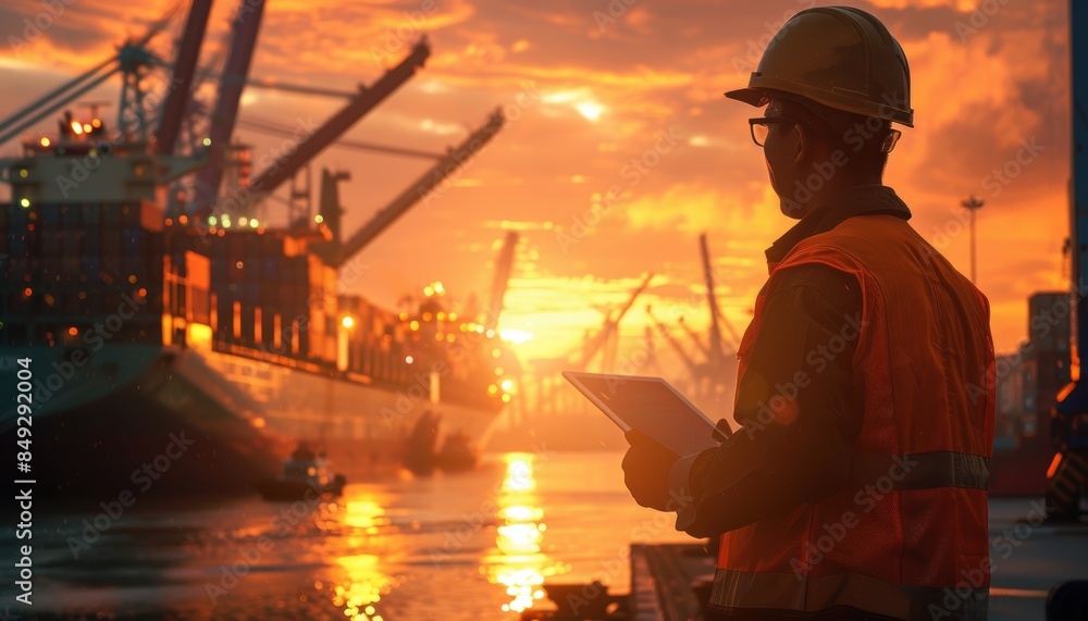 A construction worker silhouetted by a dramatic sunset at an industrial site. A construction worker silhouetted by a dramatic sunset at an industrial site.